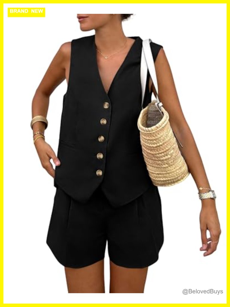 Sleeveless 2 Piece Shorts Set - Button Down Vest & Shorts